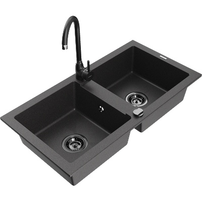 Mexen Mario гранитна кухненска мивка с 2 отделения и кухненски смесител Telma, черен на точки - 6504-76-670200-70-B (6504-76-670200-70-B)