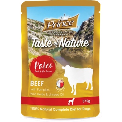 Pet nutrition|Prince Пауч за кучета с телешко с тиква, с диви билки и ленено масло PALEO BEEF W/PUMPKIN 375gr