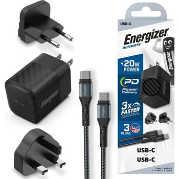 Energizer Зарядно устройство Energizer A20MU, USB-C, EU, UK, US, 20W, кабел Type C към Type C, Черен (A20MUC)
