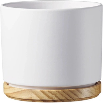 Soendgen Obal na kvetináč keramický s drevom Ø 22 cm x 20 cm matný biely