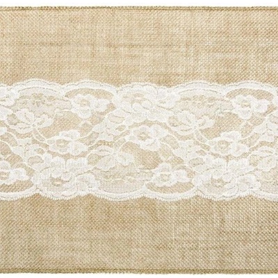 PartyDeco behúň Dekorační juta s bílou krajkou behúň svatba 28x275cm