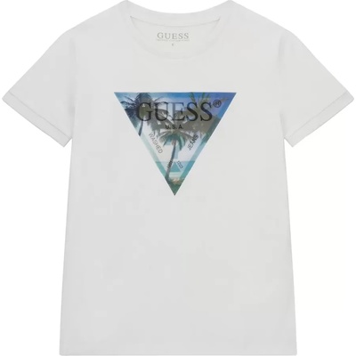 GUESS Бяла тениска с триъгълно лого с палми и надпис холограма Guess за момче