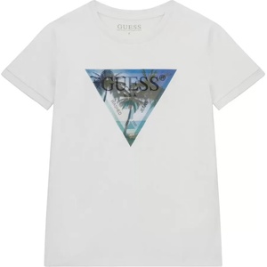 GUESS Бяла тениска с триъгълно лого с палми и надпис холограма Guess за момче