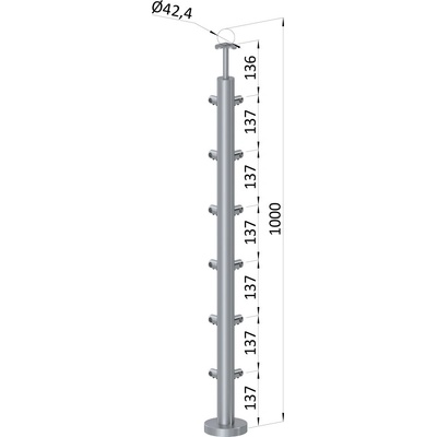 Nerezový sloup, vrchní kotvení, 6řadový, rohový: 90°