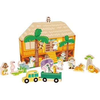 Teddies Safari/ZOO figurky dřevo + domeček