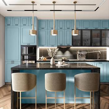 ИРИМ Модулна кухня с остров City 9163 корпус бяло гладко / фронт деним мат