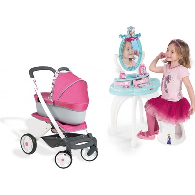 Set Kosmetický stolík pre deti Frozen Smoby so stoličkou a kočík pre bábiku Maxi Cosi & Quinny 3v1 70 cm rúčka