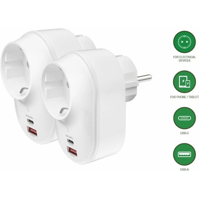 4smarts USB-C and USB-A Socket Adapter - 2 броя разклонители с AC изход и вградени USB-A и USB-C портове, за зареждане на мобилни устройства (бял)