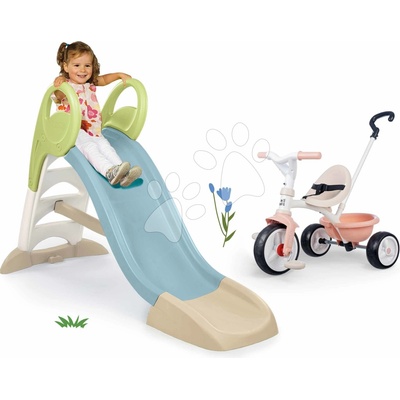 Smoby Set šmykľavka a ružová trojkolka s voľnobehom Toboggan GM Slide Life dĺžka šmyku 150 cm s vodnou hrou