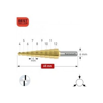 Karnasch Стъпално свредло Ø 4-12 mm (x 4 mm), HSS-XE TiN-Gold, 2x прав канал, BESTSELLER (213033)