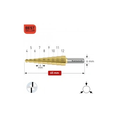 Karnasch Стъпално свредло Ø 4-12 mm (x 4 mm), HSS-XE TiN-Gold, 2x прав канал, BESTSELLER (213033)