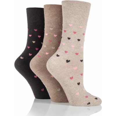 Gentle Grip dámske 3 pára módne ponožky BROWN HEARTS bez gumičiek