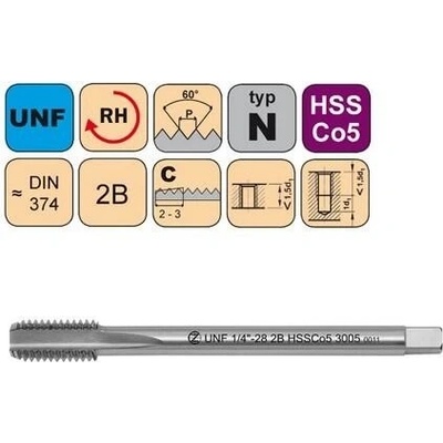 NÁSTROJE CZ Závitník strojní UNF No.5-44 2B HSSCo5 DIN 374 C - 3005 - CZZ3005-UNF-5-44-2B