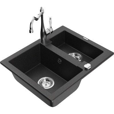 Mexen Carlos гранитна мивка 1, 5-компонентна с кухненски смесител Carla, черен/сребърен металик - 6518-73-670700-00 (6518-73-670700-00)