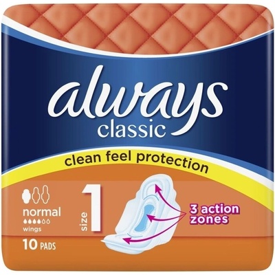 Always Класик Нормал, Размер 1, дамски превръзки, 4d, 10бр (4015400259275)