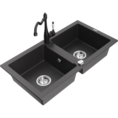 Mexen Mario гранитна кухненска мивка с 2 камери с кухненски смесител Carla, черен на капчици - 6504-76-670700-70 (6504-76-670700-70)