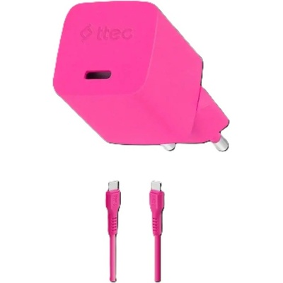 Ttec Зарядно 220V ttec SmartCharger GAN 20W PD Travel Fast Charger + USB-C - USB-C 3A Cable 120cm, Neon Pink
