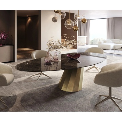 DELIFE Edge oválný 280 x 130 keramika Laminam Emperador Extra Lucidato tmavě hnědá parabel kovová zlatá