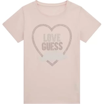 Image 1 of GUESS Тениска в бледо розово със сърце от кристали и надпис Guess