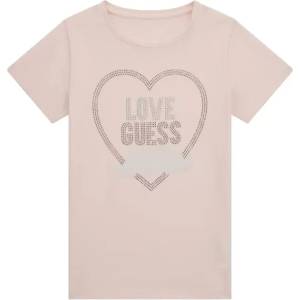 GUESS Тениска в бледо розово със сърце от кристали и надпис Guess
