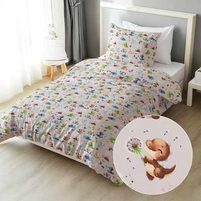 Biante bavlna obliečky Sandra SA-656 Modro-zeleno-hnedé dinosaury na svetlo sivom 140x200 70x90