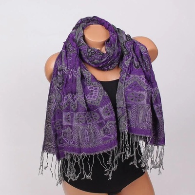 Дамски шал в лилаво и сиво с ресни