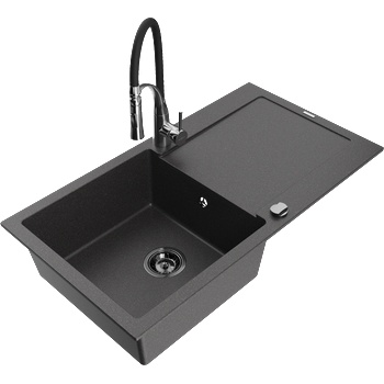 Mexen Leo мивка от гранит с 1 отделение с дренаж и кухненски смесител Aster, черен на пръски - 6501-76-73450-07-B (6501-76-73450-07-B)