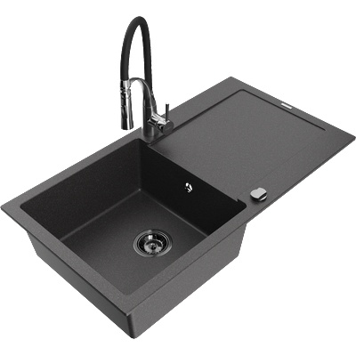 Mexen Leo мивка от гранит с 1 отделение с дренаж и кухненски смесител Aster, черен на пръски - 6501-76-73450-07-B (6501-76-73450-07-B)