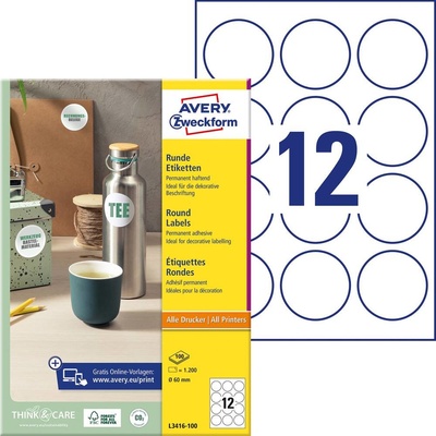 Avery-Zweckform L3416-100 Ø 60 mm papier biela 1200 ks trvalé univerzálne etikety atrament, laser, kópie