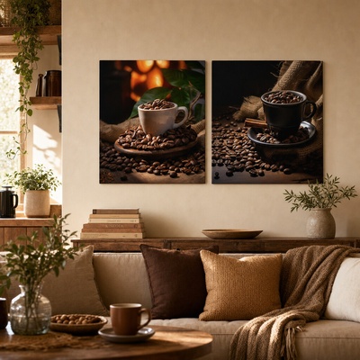 Set 2 obrazov Kávové potešenie — Pražený pôžitok, Kávová fantázia - 2× 70×70 cm