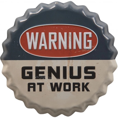 Barevná kulatá cedule WARNING GENIUS AT WORK s úmyslným odřením - 13*2 cm - Clayre & Eef