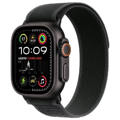 Apple Watch Ultra 2 49mm černý titan Chytré hodinky, 49mm, LTE, snímač tepové frekvence, EKG, teploměr, hloubkoměr, siréna, černé titanové pouzdro, černý trailový tah S/M mx4u3cs/a