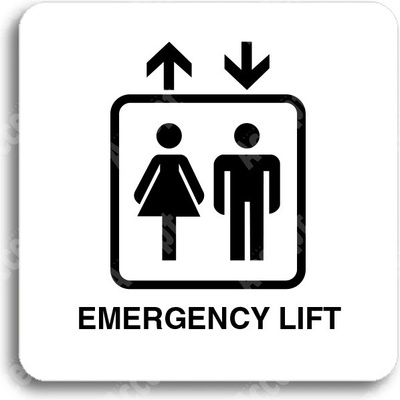ACCEPT Piktogram emergency lift - bílá tabulka - černý tisk bez rámečku