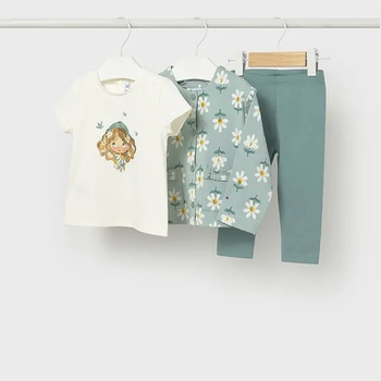 Mayoral Комплект бяла тениска, ментов клин и суичър с цветя за бебе момиче Mayoral