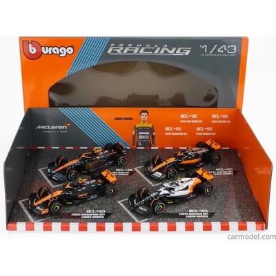 Bburago Mclaren F1 Set 4x Team Mclaren Mcl36 N 4 Abu Dhabi Gp 2022 Mcl60 N 4 Singapore Gp Monaco Gp British Gp 2023 Lando Norris oranžová čierna biela 1:43
