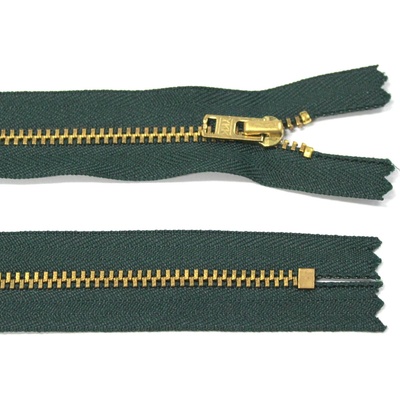 Kovový zip no.3 nerozepínací 14cm tmavě zelený (zlaté zoubky) YKK