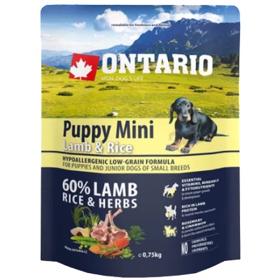ONTARIO Puppy Mini Lamb & Rice - пълноценна храна за подрастващи кученца от малки породи (1-12 месеца) с агне и ориз 0, 75 кг, Чехия 214-10193