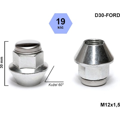 Kolová matice M12x1,5 kužel uzavřená, nerezové víčko, klíč 19, výška 30 mm, D30-FORD – Sleviste.cz