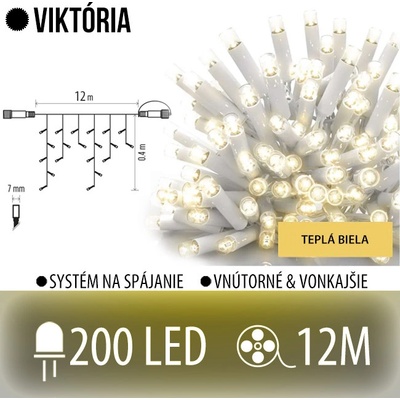 Viktória led svetelná záclona vonkajšia 200led 12m teplá biela biely kábel