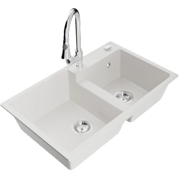 Mexen Tomas гранитна мивка с 2 камери и кухненски смесител Elia, бял - 6516-20-670101-00 (6516-20-670101-00)