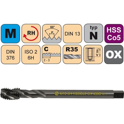 NÁSTROJE CZ Závitník strojní M12x1,75 ISO2 HSSCo5 OX DIN 376 RSP35 - CZZ4390-M12-ISO2