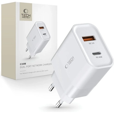 Tech-Protect C30W 1x USB-A + USB-C White (9589046926792)