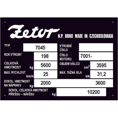 Výrobní štítek Zetor 7045