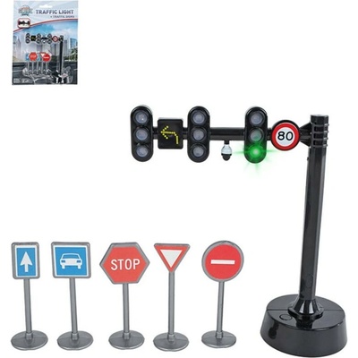 Kids Globe Traffic sada dopravních značek + semafor 11,5cm na baterie se světlem a zvukem na kartě