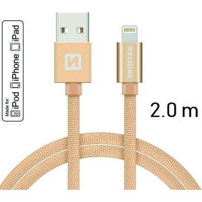 Swissten MFI licencovaný datový lightning kabel textile zlatý 1.2m / 2.0m Délka: 2m