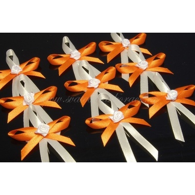 Svatební vývazky atlasové, s růžičkou - oranžová, bílá (1 ks)