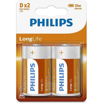 Philips R20L2B/10 - 2 бр. цинкови батерии D LONGLIFE 1, 5V 5000mAh (P2210)