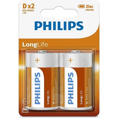 Philips R20L2B/10 - 2 бр. цинкови батерии D LONGLIFE 1, 5V 5000mAh (P2210)