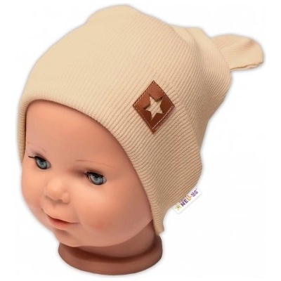 Baby Nellys Žebrovaná dvouvrstvá čepice s oušky TEDDY béžová