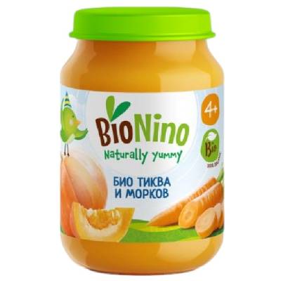 Био зеленчуково пюре BioNino - Тиква и морков, 4 м+, 190 g (BN2270)